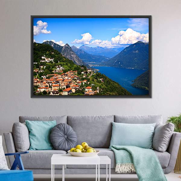 Lugano City With Lake Canvas Wall Art-3 Horizontal-Gallery Wrap-25" x 16"-Tiaracle