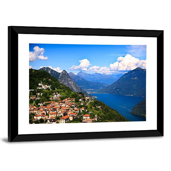 Lugano City With Lake Canvas Wall Art-3 Horizontal-Gallery Wrap-25" x 16"-Tiaracle