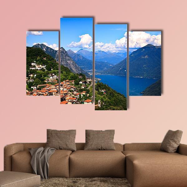 Lugano City With Lake Canvas Wall Art-4 Pop-Gallery Wrap-50" x 32"-Tiaracle