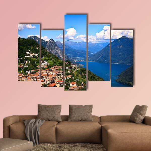 Lugano City With Lake Canvas Wall Art-5 Pop-Gallery Wrap-47" x 32"-Tiaracle
