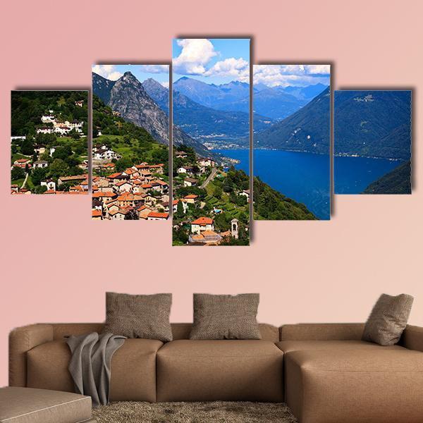 Lugano City With Lake Canvas Wall Art-5 Star-Gallery Wrap-62" x 32"-Tiaracle
