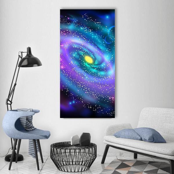 Luminous Spiral Galaxy Vertical Canvas Wall Art in black, blue and purple, single vertical panel hung on a wall