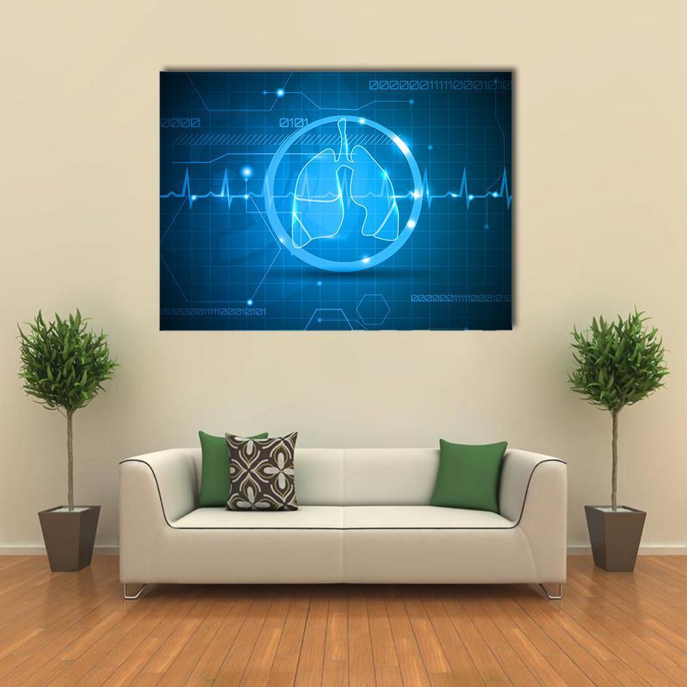 Digital Lungs with Heartbeat Line Canvas Wall Art in black and blue, single panel hung on a wall