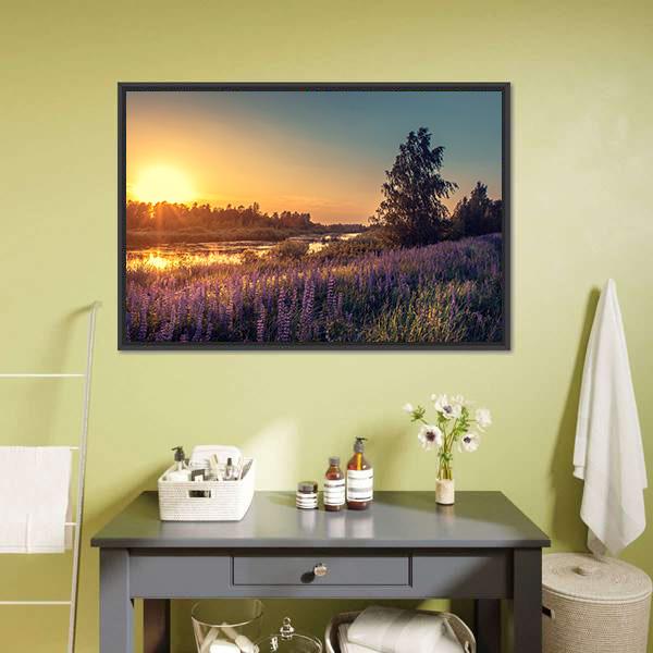 Lupines At Sunset Canvas Wall Art-1 Piece-Floating Frame-24" x 16"-Tiaracle