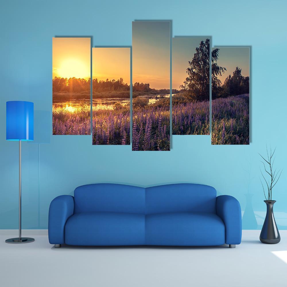 Lupines At Sunset Canvas Wall Art-5 Pop-Gallery Wrap-47" x 32"-Tiaracle