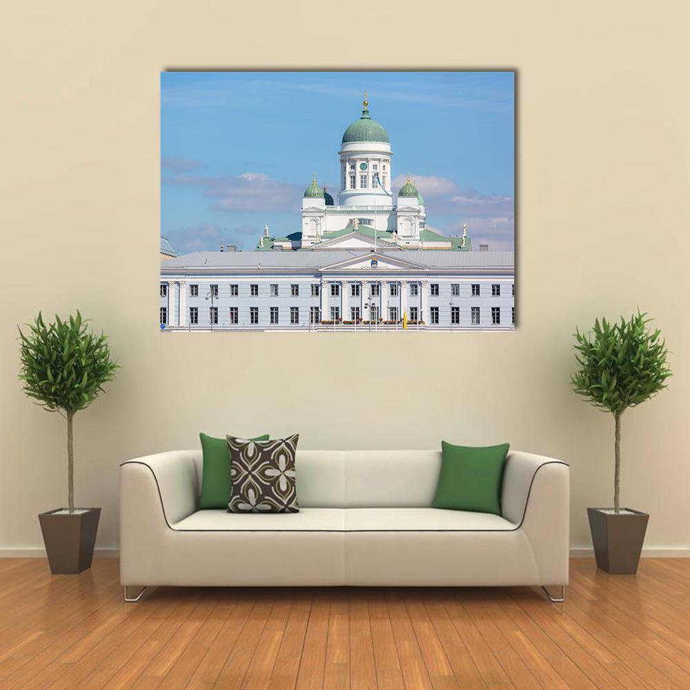 Helsinki Cathedral and Town Hall Canvas Wall Art in white and blue, single panel hung on a wall