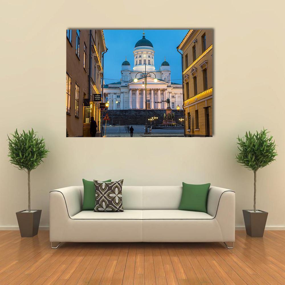 Helsinki Cathedral at Dusk Canvas Wall Art in beige, yellow and blue, single panel hung on a wall