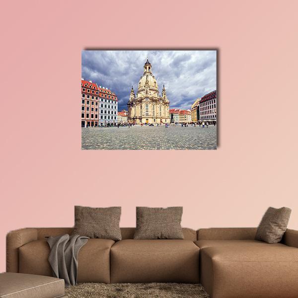 Lutheran Church with Ornate Dome, Dresden Canvas Wall Art in gray, beige and blue, single panel hung on a wall