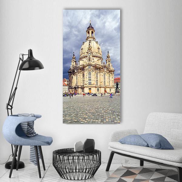 Frauenkirche Dresden Vertical Canvas Wall Art in gray, beige and blue, single vertical panel hung on a wall