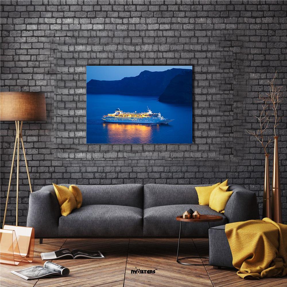 Cruise Ship at Sunset Canvas Wall Art in yellow and blue, single panel hung on a wall