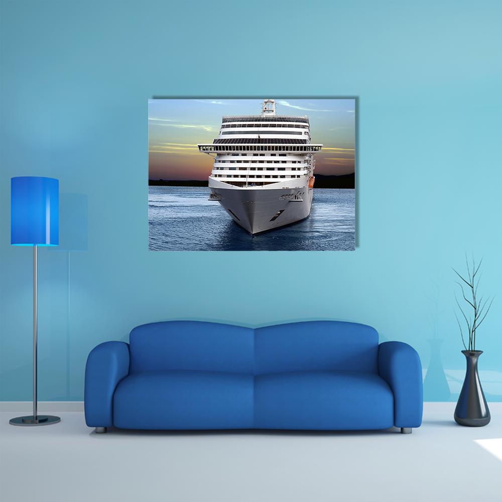 Luxury Cruise Ship at Sunset Canvas Wall Art in white, orange and blue, single panel hung on a wall