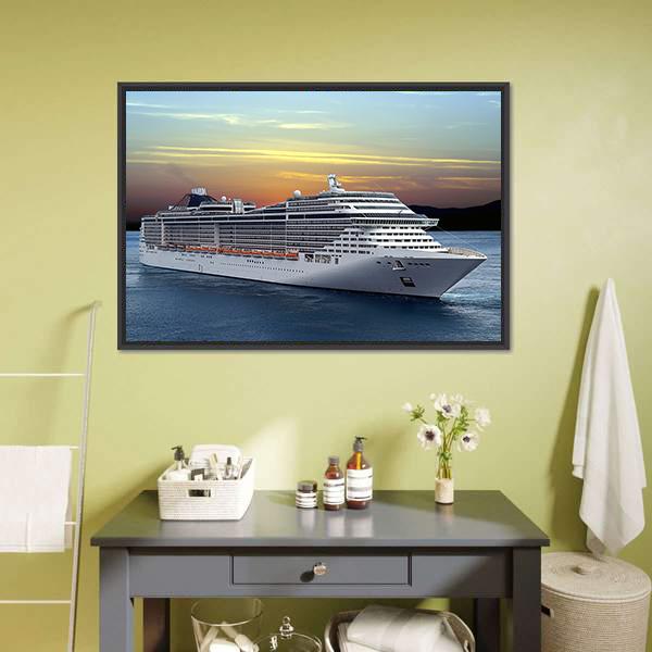 Cruise Ship at Sunset Canvas Wall Art in white, yellow and blue, framed canvas, product view on a white background