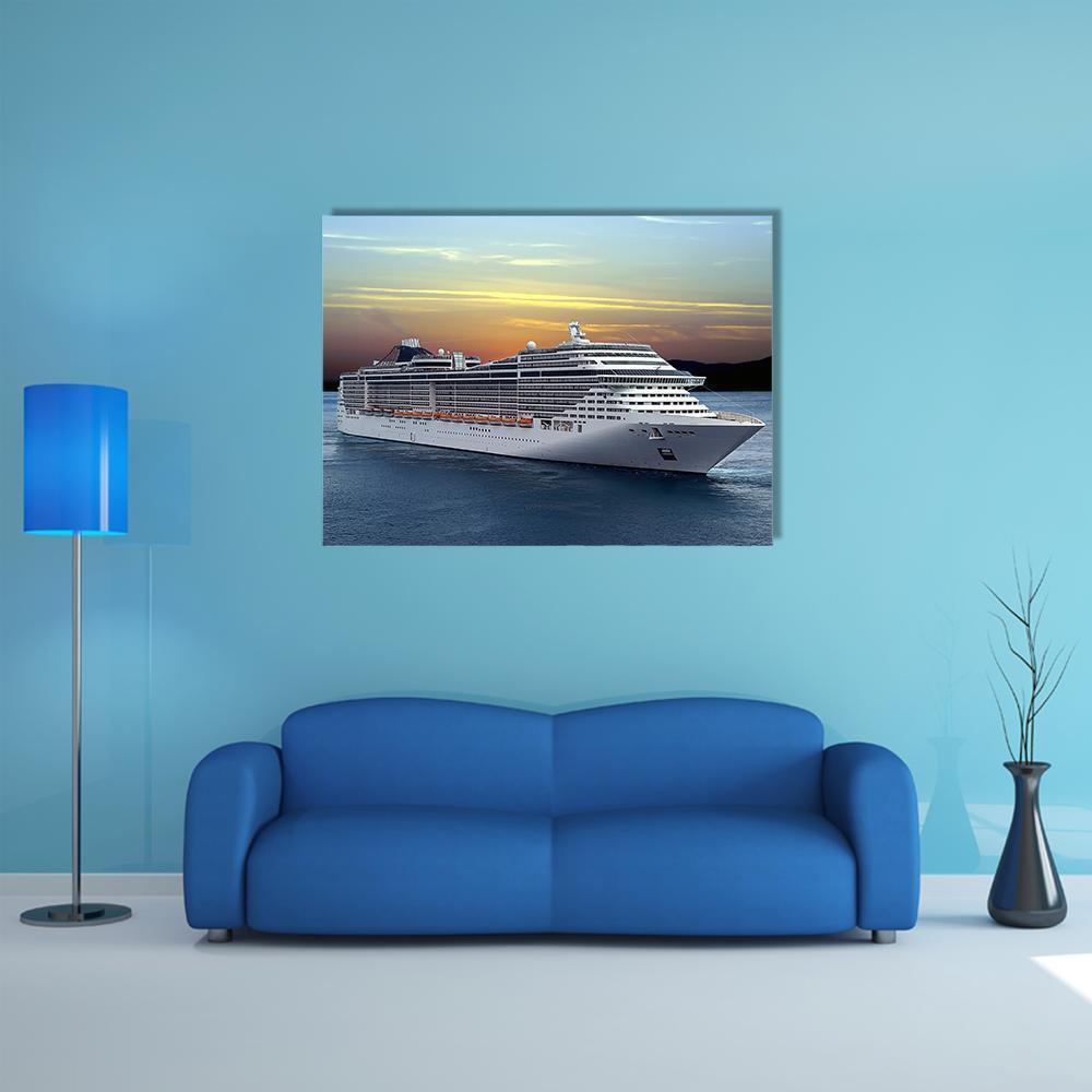 Luxury Cruise Ship at Sunset Canvas Wall Art in white, orange and blue, single panel hung on a wall