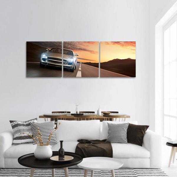 Sports Car On Highway Panoramic Canvas Wall Art-3 Piece-25" x 08"-Tiaracle