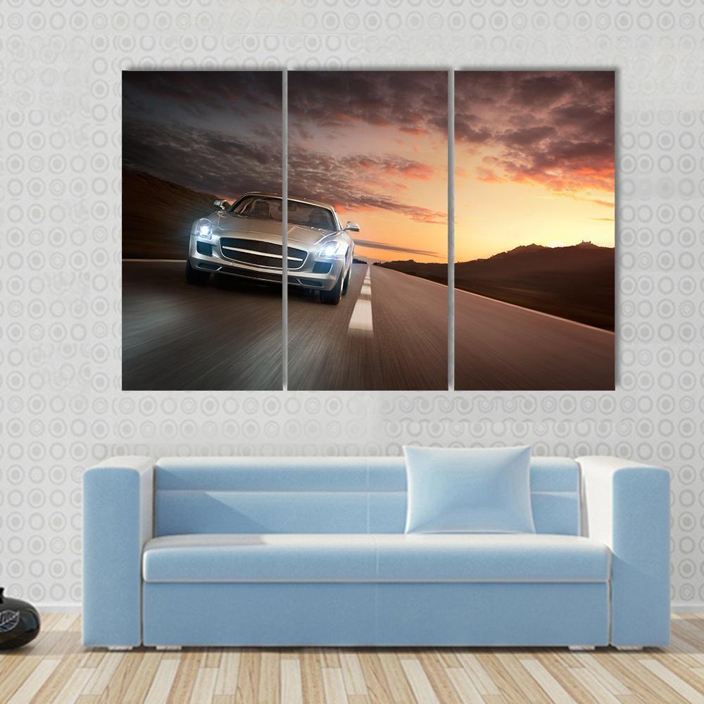 Sports Car On Highway Canvas Wall Art-4 Pop-Gallery Wrap-50" x 32"-Tiaracle