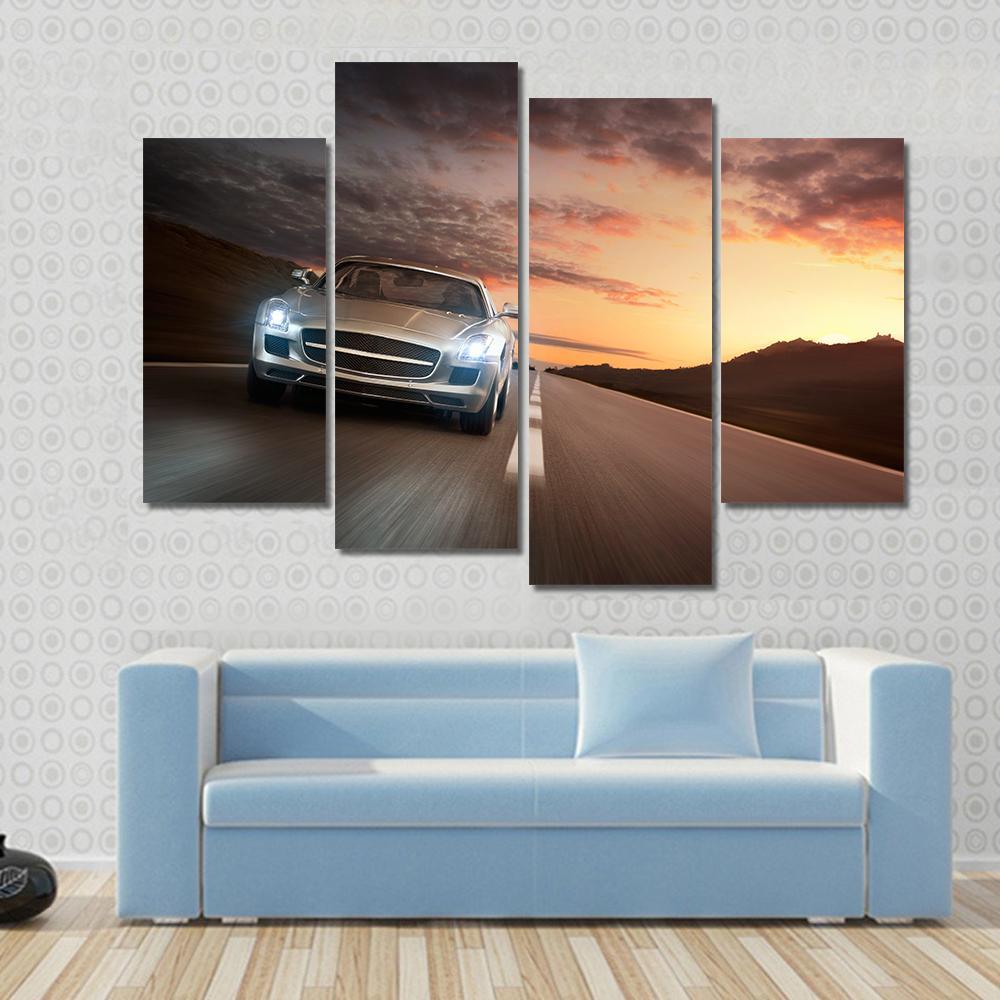 Sports Car On Highway Canvas Wall Art-4 Pop-Gallery Wrap-50" x 32"-Tiaracle