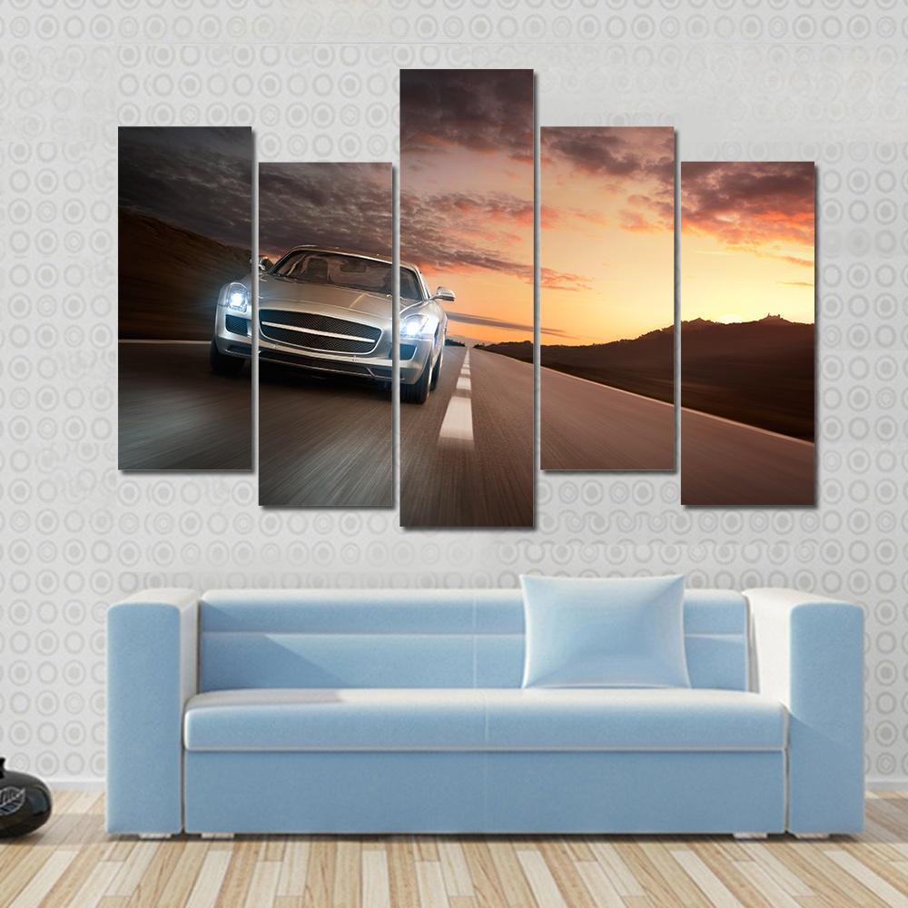 Sports Car On Highway Canvas Wall Art-5 Pop-Gallery Wrap-47" x 32"-Tiaracle