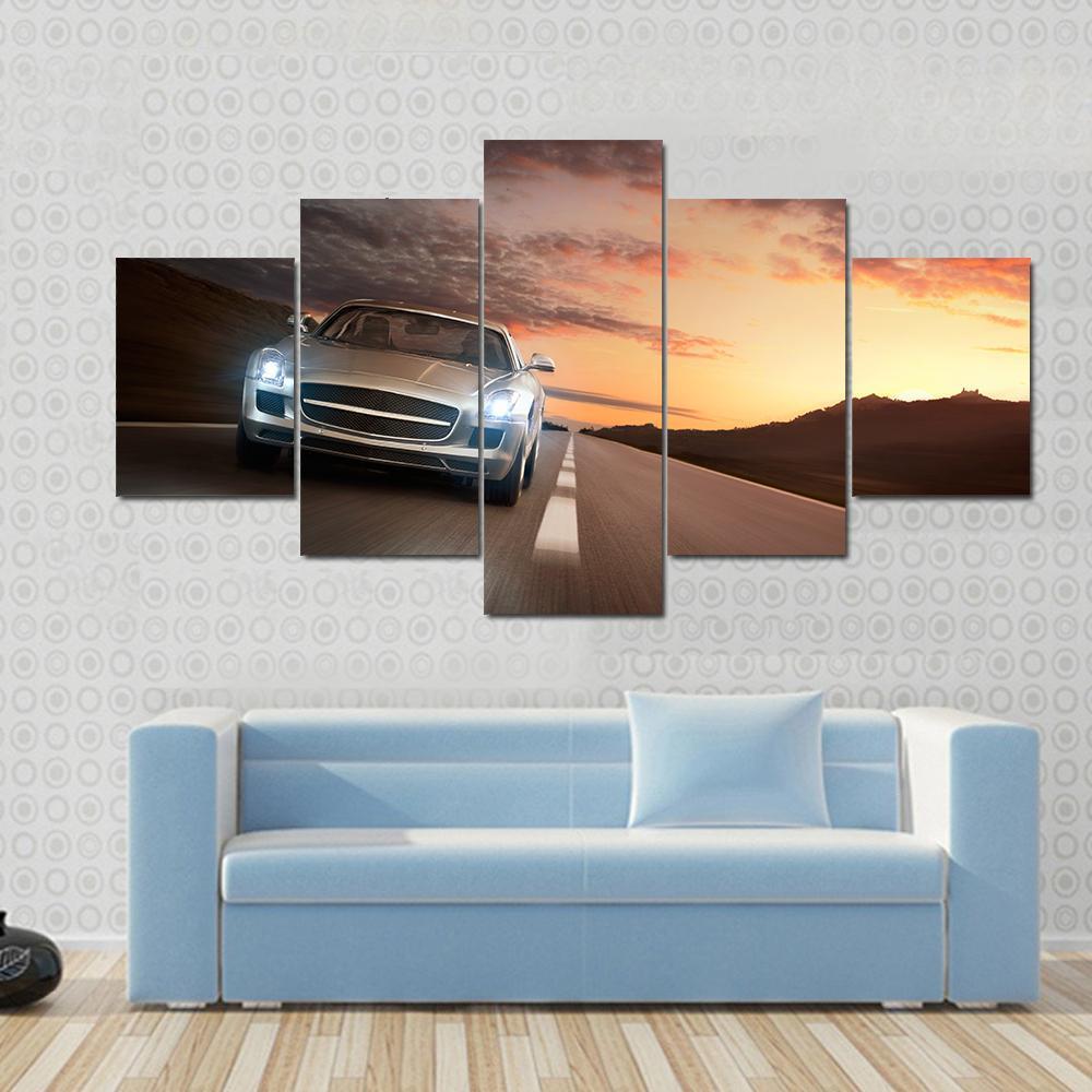 Sports Car On Highway Canvas Wall Art-5 Star-Gallery Wrap-62" x 32"-Tiaracle