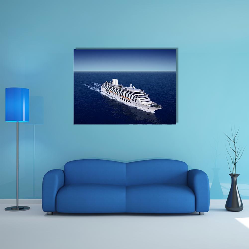 Luxury White Cruise Ship Canvas Wall Art in white and blue, single panel hung on a wall