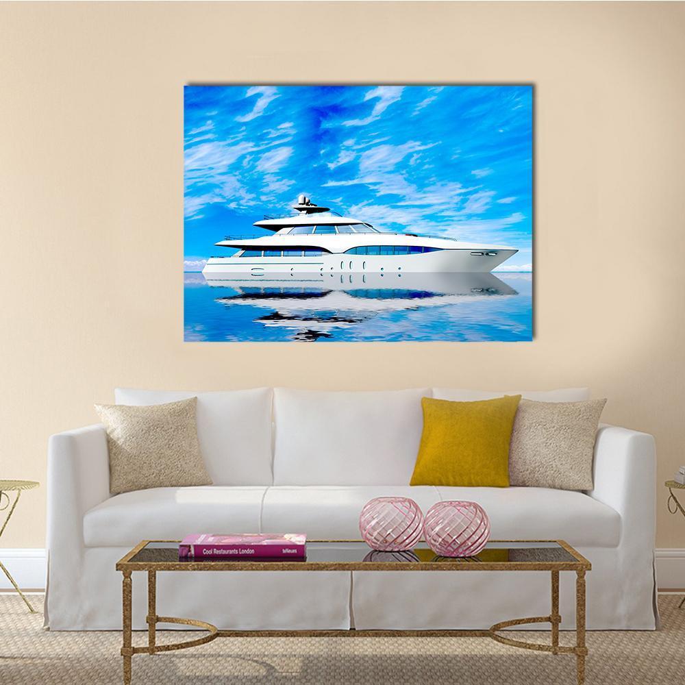 Luxury Yacht on Calm Blue Sea Canvas Wall Art in white and blue, single panel hung on a wall