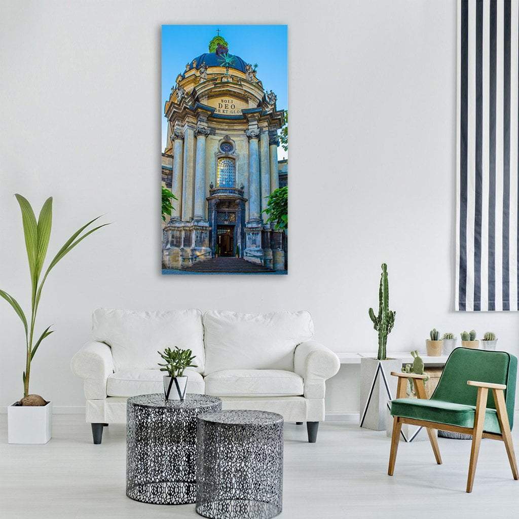 Lviv Cathedral with Blue Dome and Columns Vertical Canvas Wall Art in gray, beige and blue, single vertical panel hung on a wall
