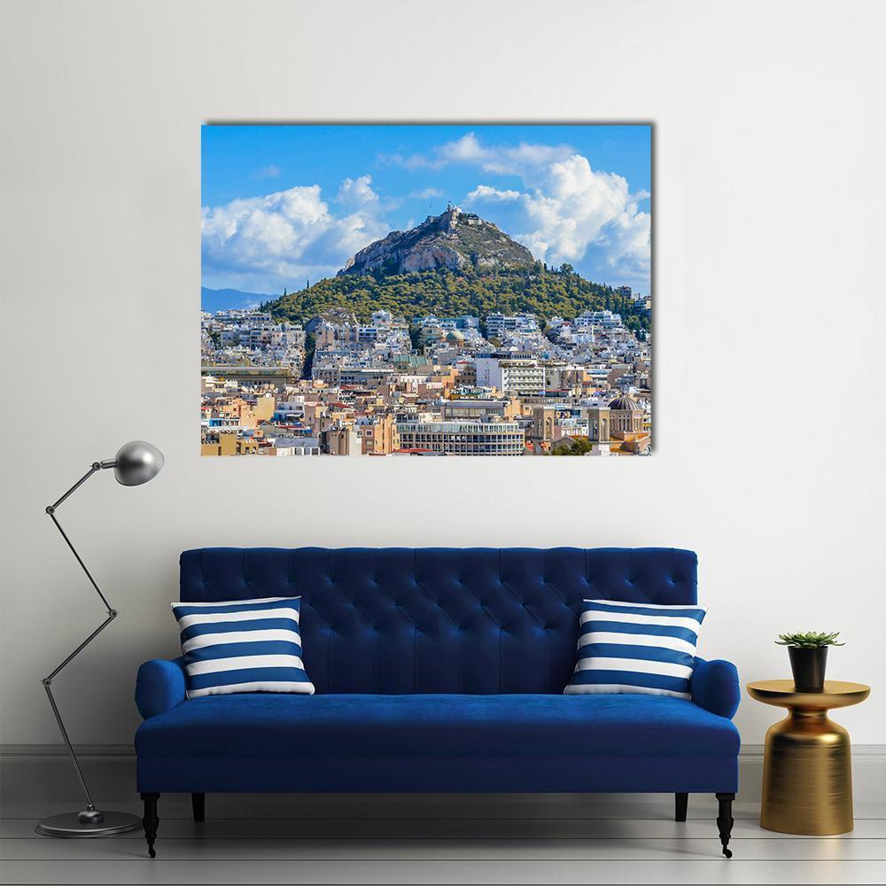 Lycabettus Mountain Cityscape Canvas Wall Art in white, beige and blue, single panel hung on a wall