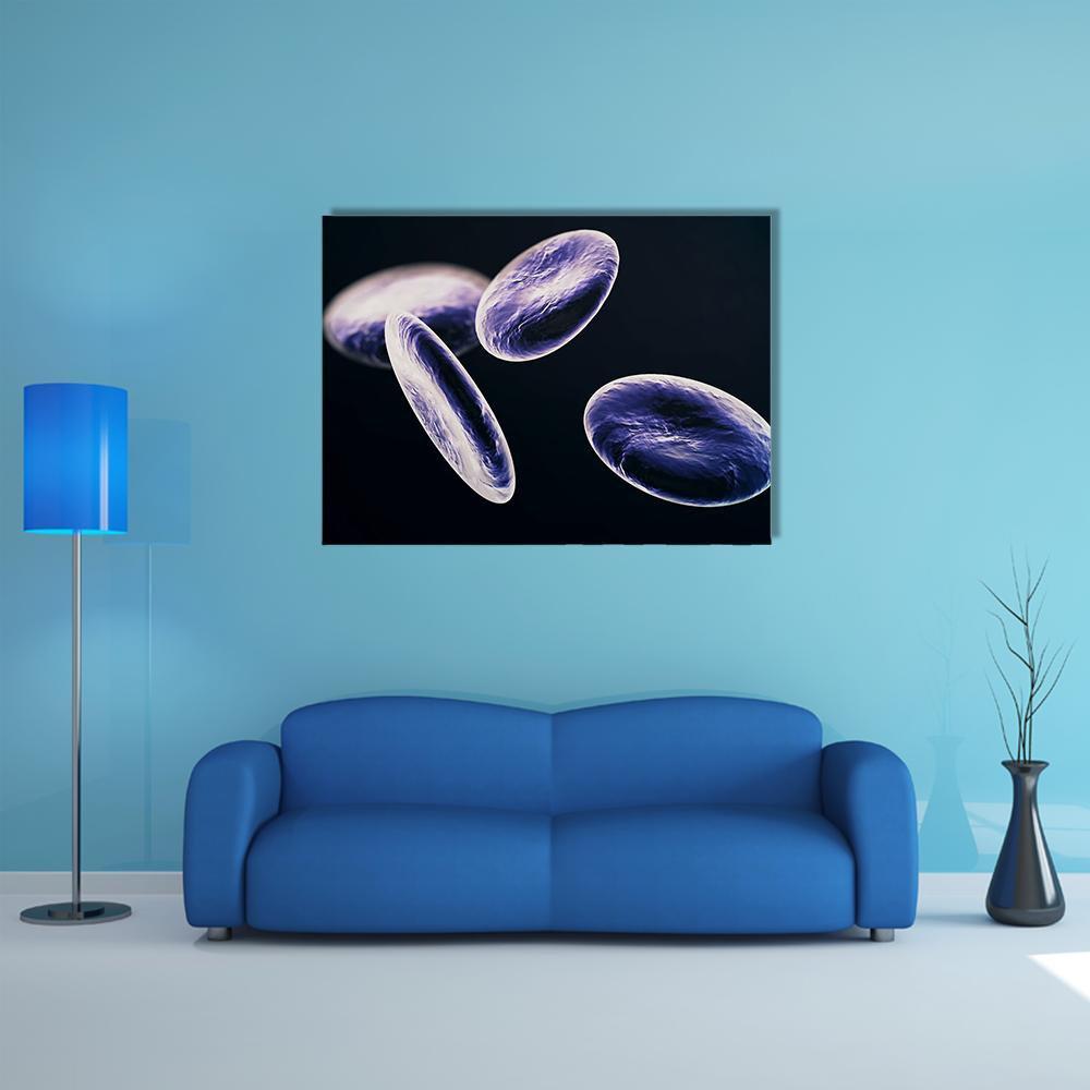Abstract Microscopic Blood Cells Canvas Wall Art in black, blue and purple, single panel hung on a wall