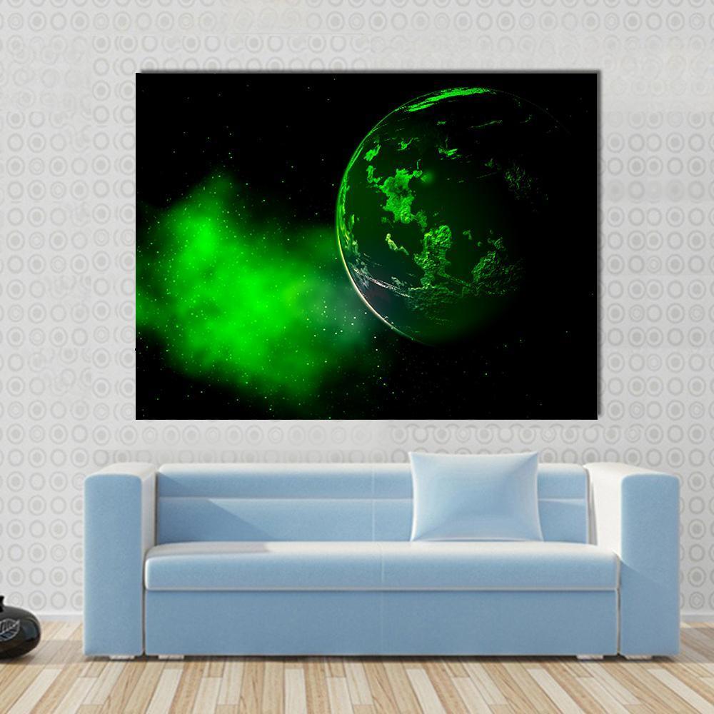 M Type Planet in Cosmos Canvas Wall Art in black and green, single panel hung on a wall