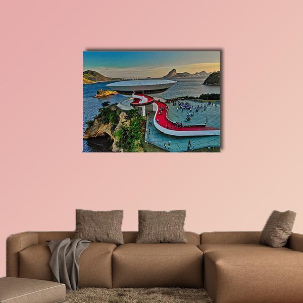 Mac Museum Brazil Canvas Wall Art in white, green and blue, single panel hung on a wall