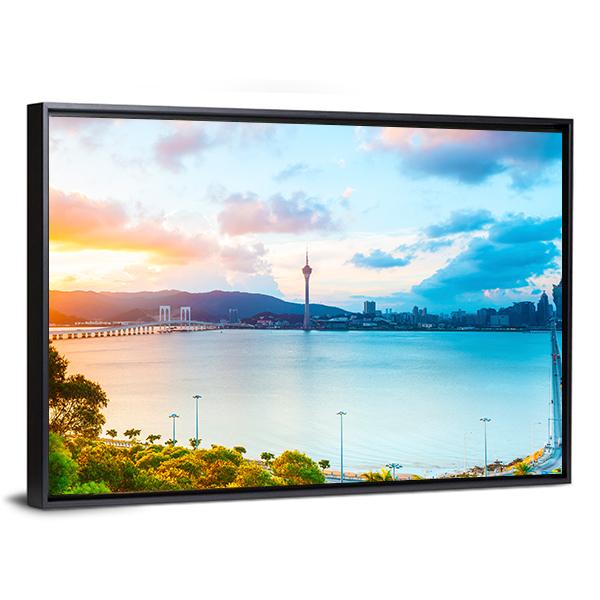 Macau Cityscape At Sunset Canvas Wall Art-3 Horizontal-Gallery Wrap-25" x 16"-Tiaracle