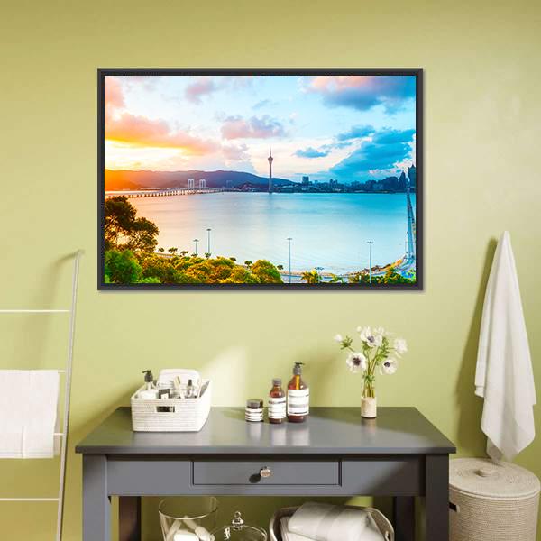 Macau Cityscape At Sunset Canvas Wall Art-1 Piece-Floating Frame-24" x 16"-Tiaracle