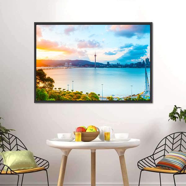 Macau Cityscape At Sunset Canvas Wall Art-3 Horizontal-Gallery Wrap-25" x 16"-Tiaracle