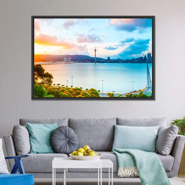 Macau Cityscape At Sunset Canvas Wall Art-3 Horizontal-Gallery Wrap-25" x 16"-Tiaracle