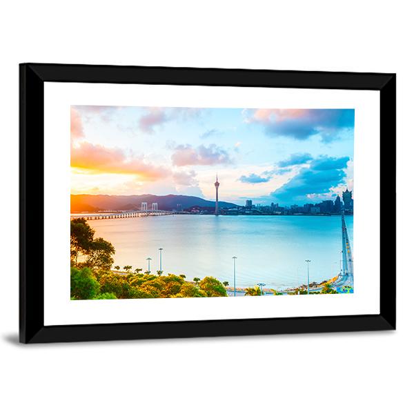 Macau Cityscape At Sunset Canvas Wall Art-3 Horizontal-Gallery Wrap-25" x 16"-Tiaracle