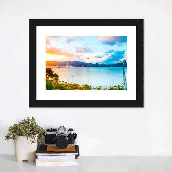 Macau Cityscape At Sunset Canvas Wall Art-1 Piece-Framed Print-20" x 16"-Tiaracle