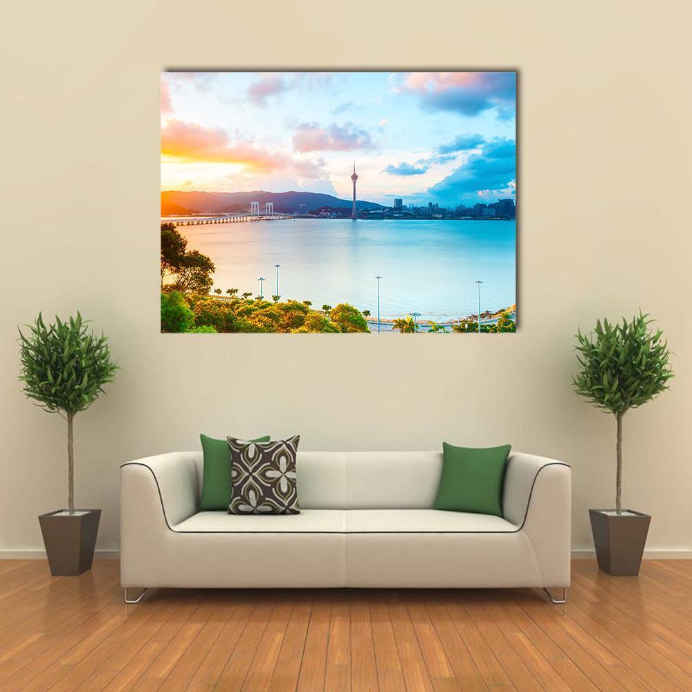 Macau Cityscape At Sunset Canvas Wall Art-1 Piece-Gallery Wrap-48" x 32"-Tiaracle