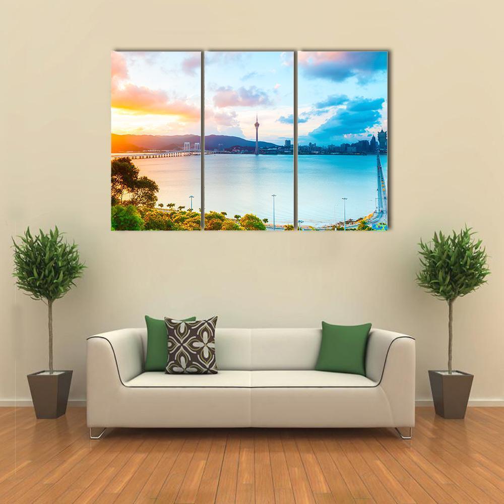 Macau Cityscape At Sunset Canvas Wall Art-3 Horizontal-Gallery Wrap-37" x 24"-Tiaracle