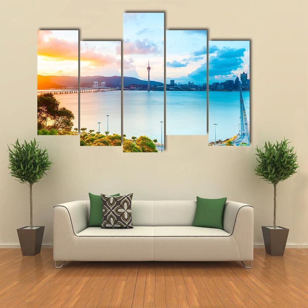 Macau Cityscape At Sunset Canvas Wall Art-5 Pop-Gallery Wrap-47" x 32"-Tiaracle