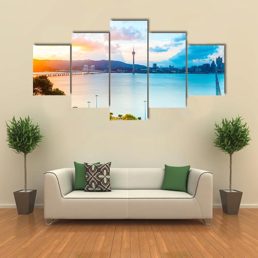 Macau Cityscape At Sunset Canvas Wall Art-5 Star-Gallery Wrap-62" x 32"-Tiaracle