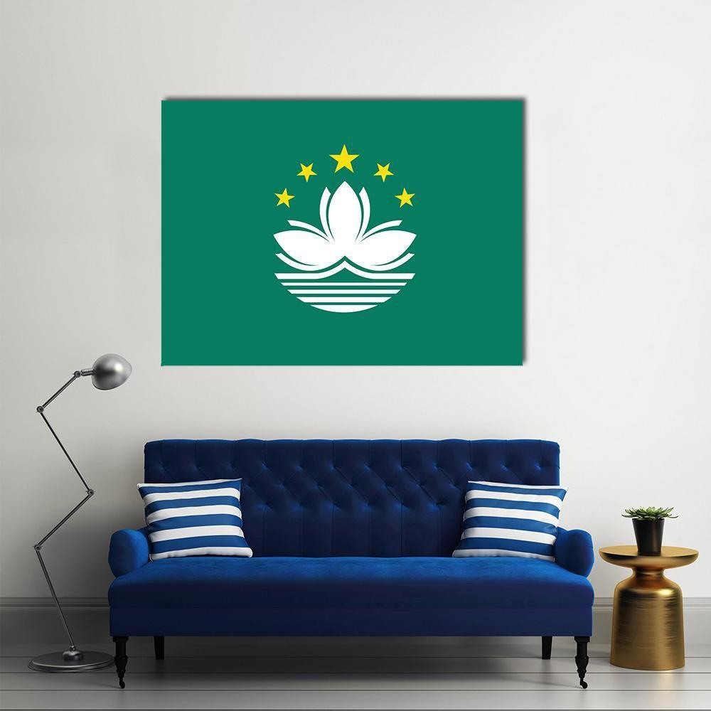 Macau Flag with Lotus and Stars Canvas Wall Art in white, yellow and green, single panel hung on a wall