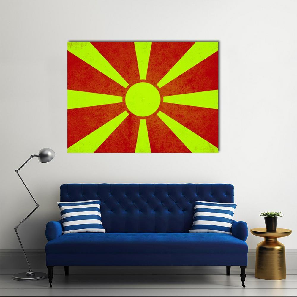 Macedonia Flag Sunburst Canvas Wall Art in red and yellow, single panel hung on a wall