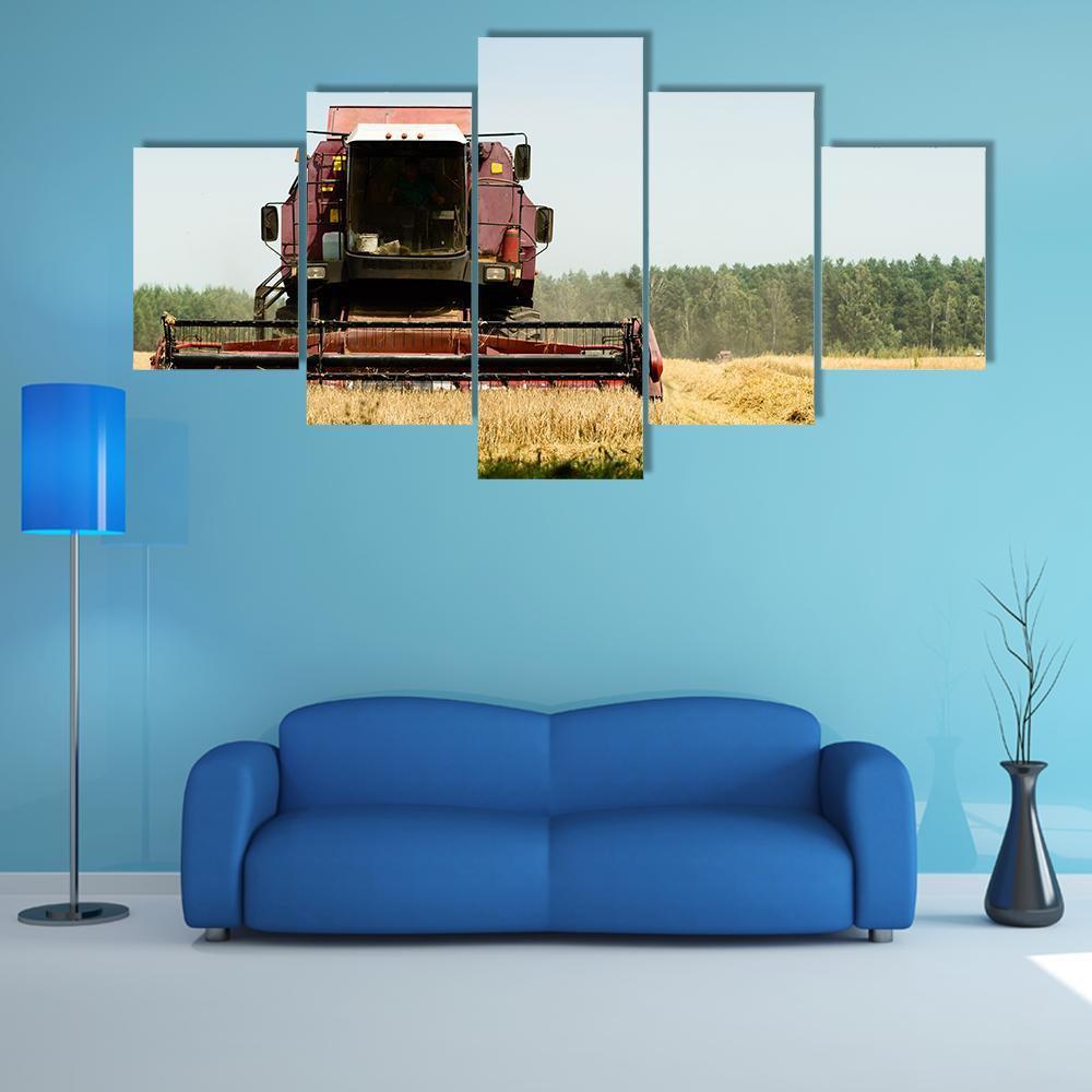 Machine Harvesting In Field Canvas Wall Art-5 Star-Gallery Wrap-62" x 32"-Tiaracle