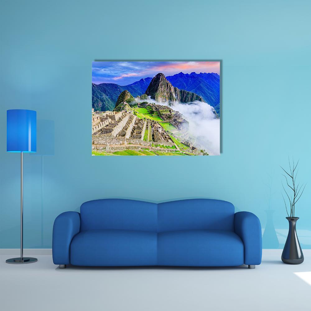 Machu Picchu, Peru: Terraced Ruins in Mist Canvas Wall Art in white, green and blue, single panel hung on a wall