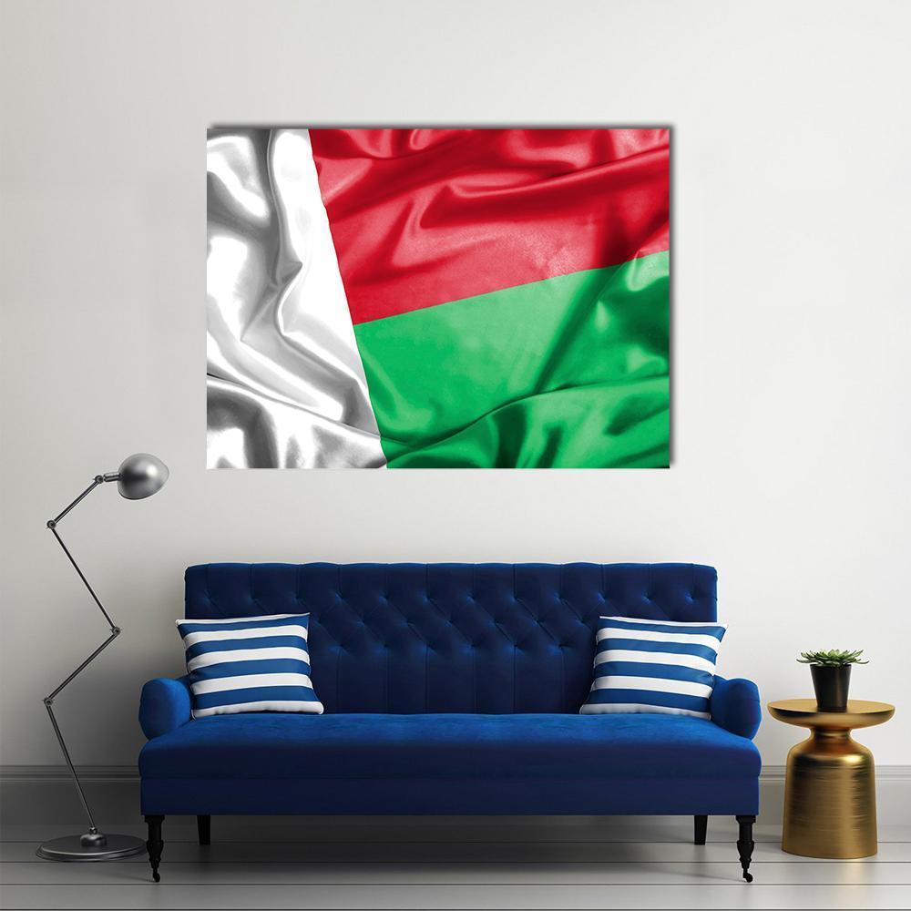 Waving Madagascar Flag Canvas Wall Art in white, red and green, single panel hung on a wall
