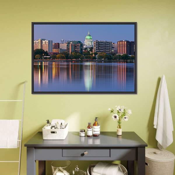 Madison Skyline at Dusk Canvas Wall Art in orange, blue and purple, framed canvas, product view on a white background