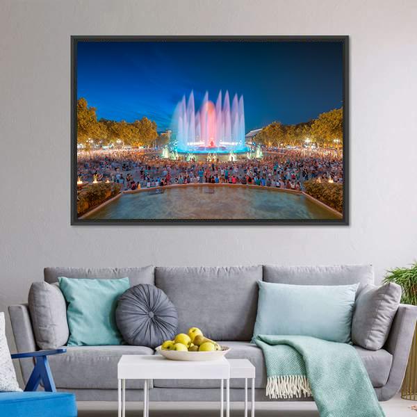 Magic Fountain in Barcelona Canvas Wall Art-1 Piece-Floating Frame-24" x 16"-Tiaracle