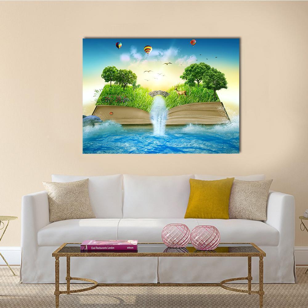 Open Book with Waterfall and Hot Air Balloons Canvas Wall Art in yellow, green and blue, single panel hung on a wall