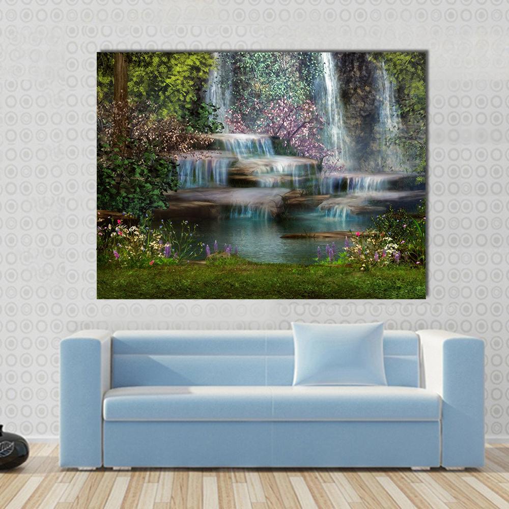Magical Waterfalls Canvas Wall Art in brown, green and blue, single panel hung on a wall
