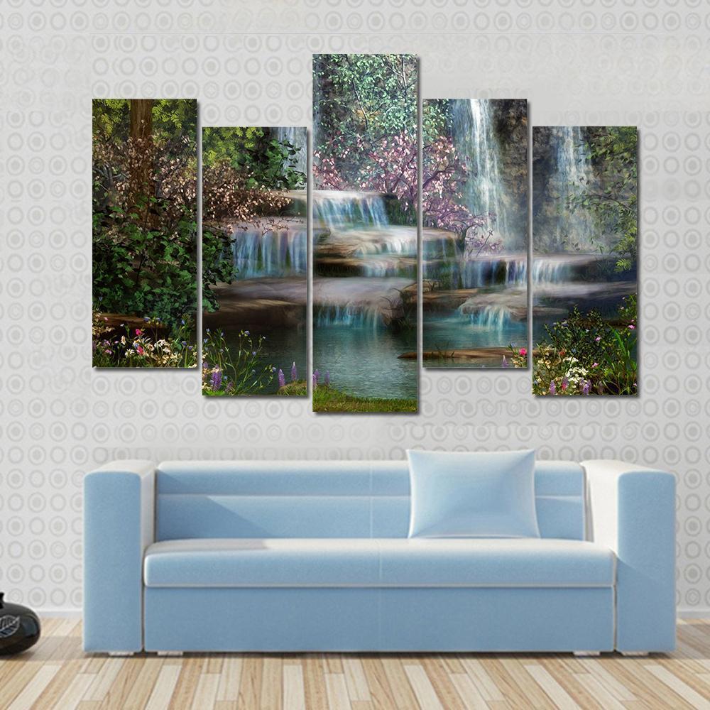 Magical Waterfalls Canvas Wall Art-5 Pop-Gallery Wrap-47" x 32"-Tiaracle