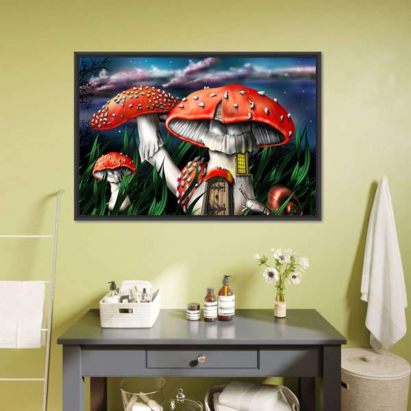 Magical Mushroom House Under Starry Sky Canvas Wall Art in red, green and blue, framed canvas, product view on a white background
